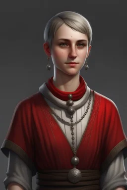 full length, tall, gangly, 22-year old, short haired, nordic looking grey-eyed female human cleric with a red beaded necklace