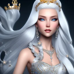 Ice Princess with white hair smilling, a crown with precious stones, bright background