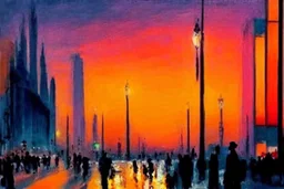 Sunset, city, distant city, city lights, street lights, people, street, shadows reflections, lesser ury impressionism painting