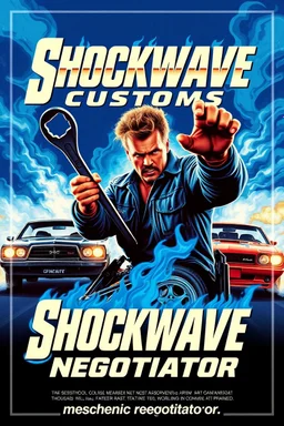 "Design a 80s-style action movie poster titled 'Shockwave Customs' with a blue theme and blue flames. Feature a super heroic mechanic in the foreground, fiercely battling thousands of adversaries with a spanner. In the background, show cars doing burnouts, creating a dynamic and intense scene. Capture the high-energy, gritty aesthetic of classic 90s action films. Prominently display the subtitle 'mmechanic negotiator' in bold, impactful lettering."