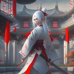 UHD, hd, 8k, hyperrealism, Very detailed, zoomed out view, full character in view, white hair female demon character wearing a hanbok with a white top and long red bottom, she holds a katana in her right hand, she stands in front of a Japanese style palace digital art, anime, full details