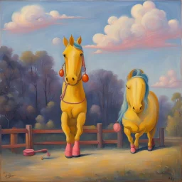 Big pink toy horse.19th painting