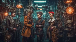 Photographie primée d'un groupe de personnes cyberpunk, anatomie parfaite, vêtues de vêtements complexes de l'époque victorienne, faisant fonctionner des machines et des inventions cyberpunk dans un paysage urbain cyberpunk animé, rétro-futuriste, révolution industrielle, science-fiction, environnement détaillé, éclairage d'ambiance, mécanique merveilles d'ingénierie, engrenages et tuyaux, couleurs vibrantes, photoréaliste, histoire alternative, esthétique art nouveau, détails élevés, 16k.