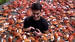 guy with creepy smirk watches censored videos on smartphone surrounded by tiny crabs