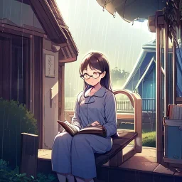 anime girl sitting on a porch swing of an old house, journaling, wearing pajamas, writing in a book, shes watching it rain, more detail on hands and her face,shes deep in her thoughts, wearing glasses, rain drops, she has a pencil in her hand and is writning in the book, she is looking down at what she is writing