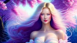 ((best quality)),((masterpiece)),ultra detailed background ((Cherry Blossoms)),(30 years old Sweedish gorgeous smiling woman), medium breast,wearing flowing dress, golden blue flowing hair glamour,(blue eyes),beautiful face,((white mists:1.4)),(pink dust:1.2),mysterious,mysteries of galactic universe,yellow lightnings,volumetric lightnings,dark and blurry background,