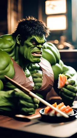 a hulk eating sushi with chopsticks, moody good best quality, full, beautiful light, raw photo, 8K UHD, police