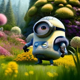 pixar style, volumetric summer garden environment and background, realistic painting of a Minion, smiling, detailed digital painting, extreme dense and fine fur, anime, ornate, colour-washed colors, elegant, small minutiae, tiny features, particulars, centered, smooth, sharp focus, renderman gofur render, 8k, uhd, detailed eyes, realistic shaded volumetric lighting, sunlight caustics, backlight, centered camera view