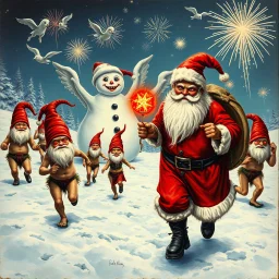 there is no kebabs at christmas, evil Santa, evil naked gnomes running around, staring flaming eyes, evil naked Rudolf, very big evil melting angry Frosty the snowman in background, 1940 christmas postcard, Flying angels, fireworks, Tim burton style
