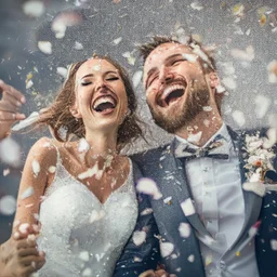 A happy man and wife with silver confetti