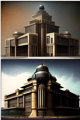 Architectural style for building of India's Intelligence Bureau , make it visibly military and intelligence style at the same time similar to Indian Architecture, use darker colors, make it wider and not much taller