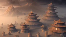 ancient, fantasy, chinese town, dune, crater, sand strom, destroyed chinese houses