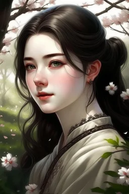 Beautiful Girl in the garden, 18 century, brunette, literally dark hair, dark eyes, fat, smell of sakura, rest, detailed face, england