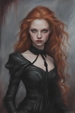 eye candy Alexandra "Sasha" Aleksejevna Luss oil paiting style Artgerm Tim Burton, subject is a beautiful long ginger hair female vampire