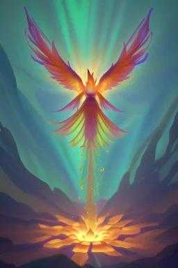 fenix bird rising with flower floating on all fire:: 16-bit::2.1 backlight::1 crepuscular rays::1 candlelight::1 360 panorama::1 --v 4 --no black color Photorealistic, Back light, Iridescent, Golden hour , Aurora borealis, High angle perspective, Green filter, Fantasy scene