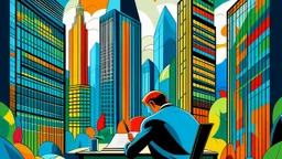 man working with a background of skyscrapers, in the style of henri matisse - n 4 - g - g n 4 - s 1 5 0 - s 1 5 0 1 5 0 @ ą sb