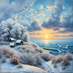 Richly textured Hieronymus Bosch, Catrin Welz-Stein, William Turner, Zdzisław Beksiński, Jacek Yerka oil on canvas zentangle line art style mix, surreal frosted fantasyland winter oceanscape, hoarfrost on trees, high grasses, snow and cottages, withered flowers, pale sunrise; paint splatter, beautiful vibrant colors, reflections, SK, flying seagulls, dramatic clouds, snowfall.