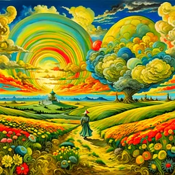 collaboration between Salvador Dali, Vincent Van Gogh, and Jean Baptiste Monge. Swirling rainbow storm clouds over a vast field of long grass and plentiful flowers swaying in the winds.