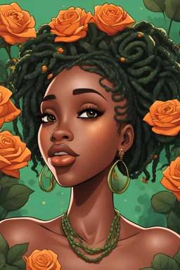 Create a academic art cartoon image of a curvy black female looking up with her eyes close. Prominent make up with lush lashes. Highly detailed dread locs in a messy bun. Her hand is touching her face while she embraces the calmness. Background of green and orange roses surrounding her
