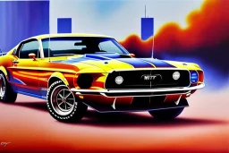 a true-to-life 1969 Ford Mustang Boss 302, centered, intricate, extreme detailed, photorealism, center view, city background, pivot on ford, pen and color marker, painting by cheryl kelley