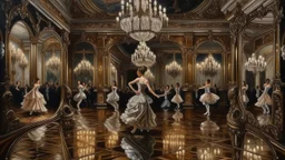 A hyper-realistic oil painting depicting a grand ballroom filled with elegant dancers in elaborate costumes, all reflected in a massive antique mirror hanging on the wall. The mirror's surface is slightly distorted, creating a dream-like quality to the scene