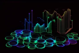 black background, outlines of a holographic pile of coins, chart drawn from thin neon-coloured glowing lines