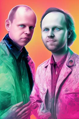 Portrait of Daniel Ek AND Matti Nykänen. colorful. pink.