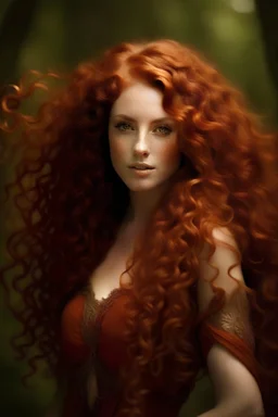 portrait of a goddess with long reddish curly hair, curvy body, earthbound, warm-hearted