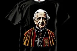 Crée une photo du pape Benoît portant un t shirt du groupe slayer