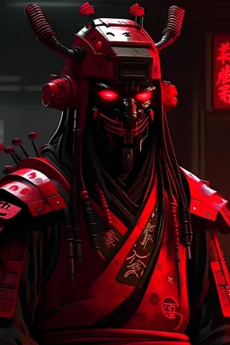 cyberpunk samurai wearing a red oni mask