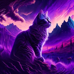 majestic cat, psychedelic, violet tones, fantasy landscape