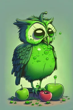 green apple has a hangover from a night of heavy drinking, comic style, with an owl instead of apple