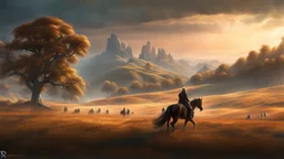 An endless steppe. hills to the right. The hills is densely covered in ancient white oaks. a distant band of riders on beautiful horses. fantasy concept art, exquisite realism, a masterpiece, dynamic lighting, hyperdetailed, intricately detailed, deep color, Unreal Engine, volumetric lighting , Epic cinematic brilliant stunning intricate meticulously detailed dramatic atmospheric maximal,