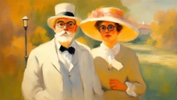 Eccentric Elegance with white glasses, Impressionist painting of an odd couple from 1890. The man is very thin, the wife is very fat, in the Victorian American style. Rough, rough brushstrokes, impressionist style painting