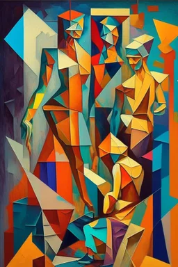 people, cubist painting, oil in canvas, splash, rust, geometric shapes, colorful