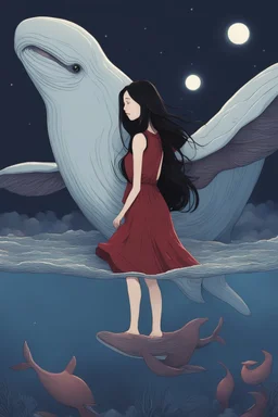 A girl wearing a dark red dress and long black hair walks on the back of a blue whale at night