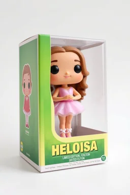 Funko figure of a very young female, smiling, long wavy soft brown hair, wearing a ballerina dress, pink dress, ballet, very cute, ballet pose,. The Funko is displayed inside and outside a limited edition green and yellow Funko box with "HELOISA" text, allowing visibility of the figure, typography, 3D render. White background