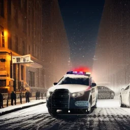 large cop drinking a coffee standing next to a cop car, snowy streets of new york at night, dramatic, dramatic lighting, volumetric lighting, hyperrealism, 8k, high quality, photorealistic, lot of details