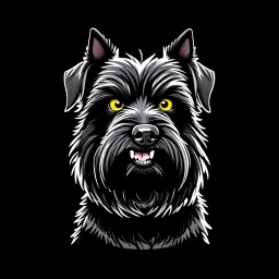 an angry scruffy black terrier on black background, yellow eyes, defined teeth, illustration