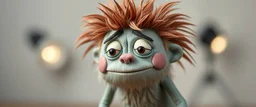 close up portrait of hairy fluffy polymer clay cute happy worried monster with realistic human skin, and long sleek limbs and with studio lights
