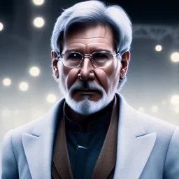 handsome cosmic harrison ford, white hair in the wind, brown eyes, white beard, no moustache, large forehead, scifi suit, perfect composition, super detailed, 8k, high quality, intricate details, highly detailed, lights in background, octane render