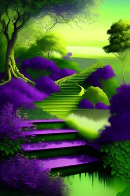 garden sky field trees river pools gold green purple stairs