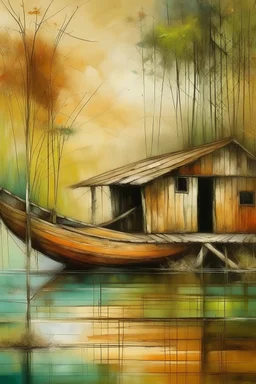 Home ,river .boat, wood bridge abstract art