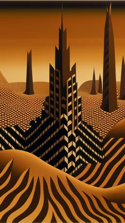 A brown badlands with spikes designed in ancient Egyptian hieroglyphics painted by Victor Vasarely