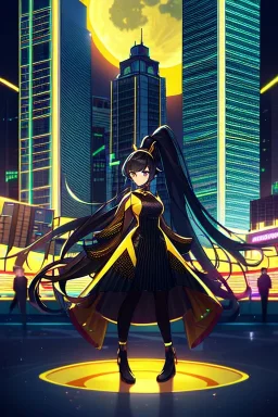 girl, masterpiece, best quality, cinematic lighting, detailed outfit, perfect eyes, black hair, golden eyes, long hair, ponytail, girl standing in a modern cityscape at night with a bright yellow moon in the background, detailed cityscape illustration, neon lights, vibrant colors, dramatic lighting,