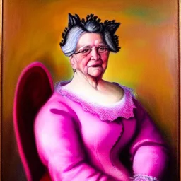 Retrato de una abuela muy guapa llamada Carmen Mozos Bugallo montando un unicornio rosa con el estilo de Diego Velázquez