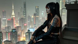 cyber-goth warrior woman in black lips, black cyber-goth clothes sitting on rooftop in matrix city, left profile , utopistic scifi, dark colors, random matrix city background, high detailed, high realistic
