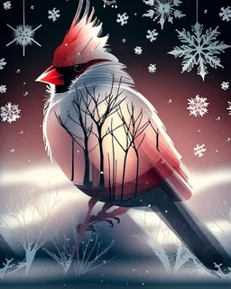 Create the silhouette of a cardinal in containing Double Exposure, a frosted berry woodland at sunrise; delicate branches form feather patterns, soft crimson highlights against snow-white textures, refined Christmas elegance. Background is black with many large snowflakes.