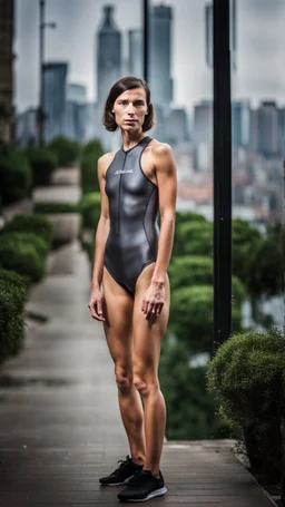 beautiful anorexic young woman, total shot, short shiny anthracite triathlon swimsuit, short brunette wavy bob hair, blurred city background