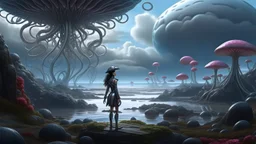 detailed matte painting of a wide-angle shot of a woman standing on the right-hand side of an alien beach, with dark hair in a silver robotic catsuit, many floating mushrooms with jellyfish tentacles, alien jungle trees in the distance, deep colour